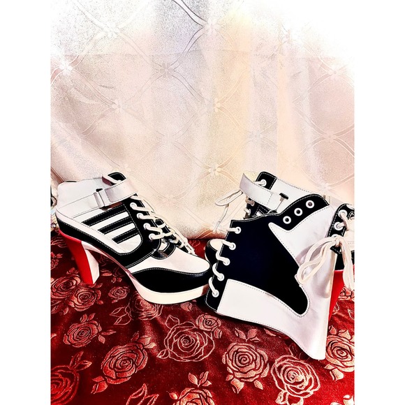 Long knee high tie/strap-up boot high heels - red & black size 7.5 - Picture 4 of 8